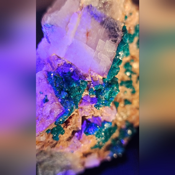 Dioptase with Optic Calcite And Tourmaline-UV Reactive 3.3 X 3.1 - Picture 7 of 15